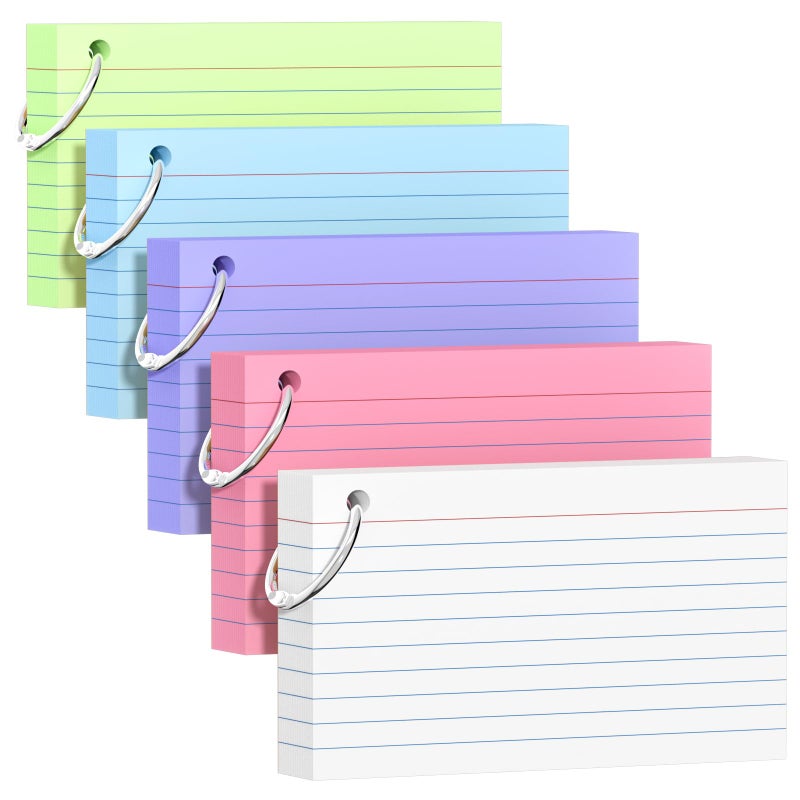 AILZFEI 250 Count Colored Index Cards 3x5 Inch with Key Ring, 180gsm Heavy Weight Flash Cards 5 Color (50 Sheets Each) Portable Note Taking for Students, Teachers, Study Note Cards for Office School Supplies - Image 1