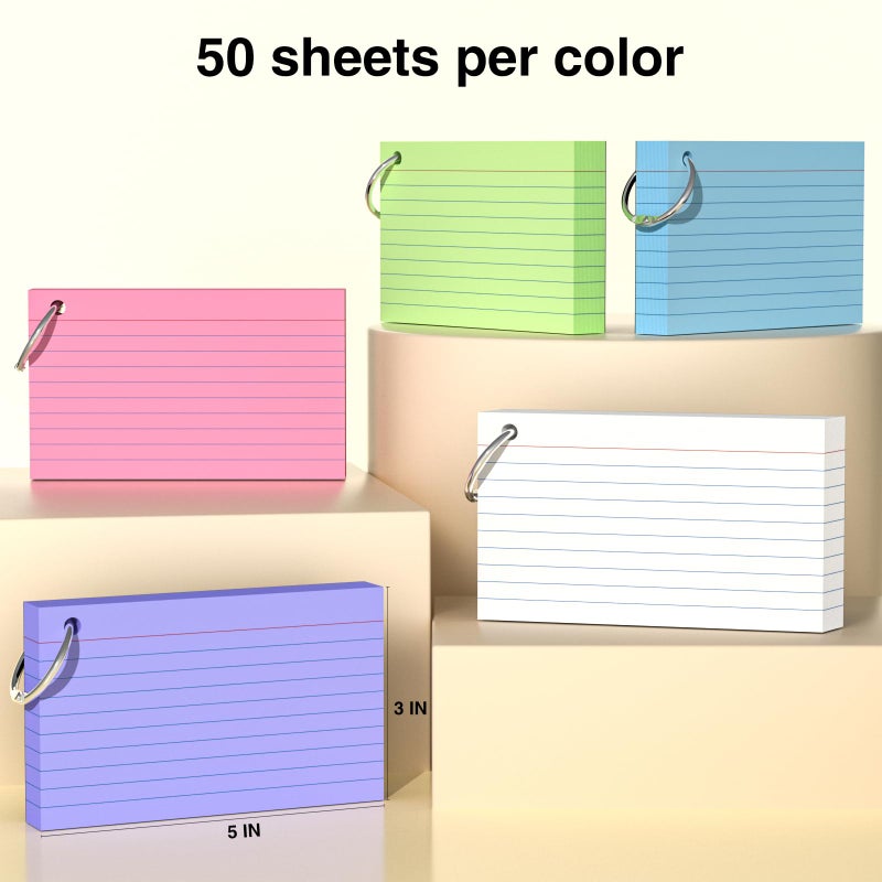 AILZFEI 250 Count Colored Index Cards 3x5 Inch with Key Ring, 180gsm Heavy Weight Flash Cards 5 Color (50 Sheets Each) Portable Note Taking for Students, Teachers, Study Note Cards for Office School Supplies - Image 5