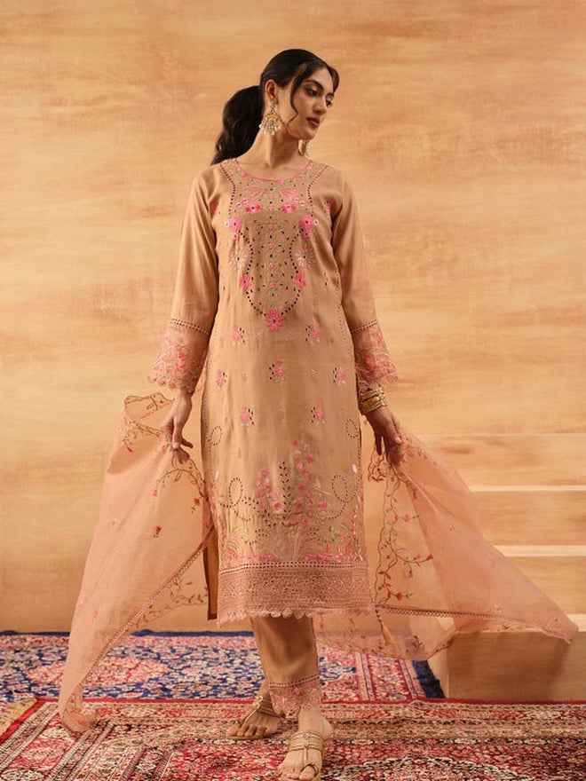 ISHIN 3-Piece Brown Roman Silk Kurta, Pants and Dupatta Set - Image 4