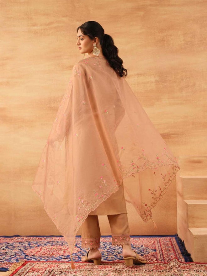 ISHIN 3-Piece Brown Roman Silk Kurta, Pants and Dupatta Set - Image 5