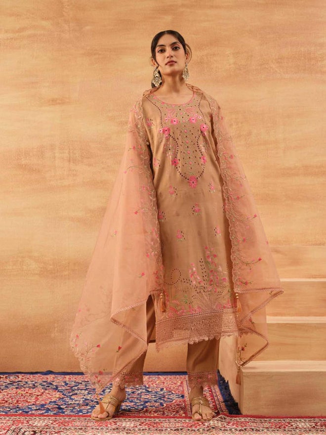 ISHIN 3-Piece Brown Roman Silk Kurta, Pants and Dupatta Set - Image 3