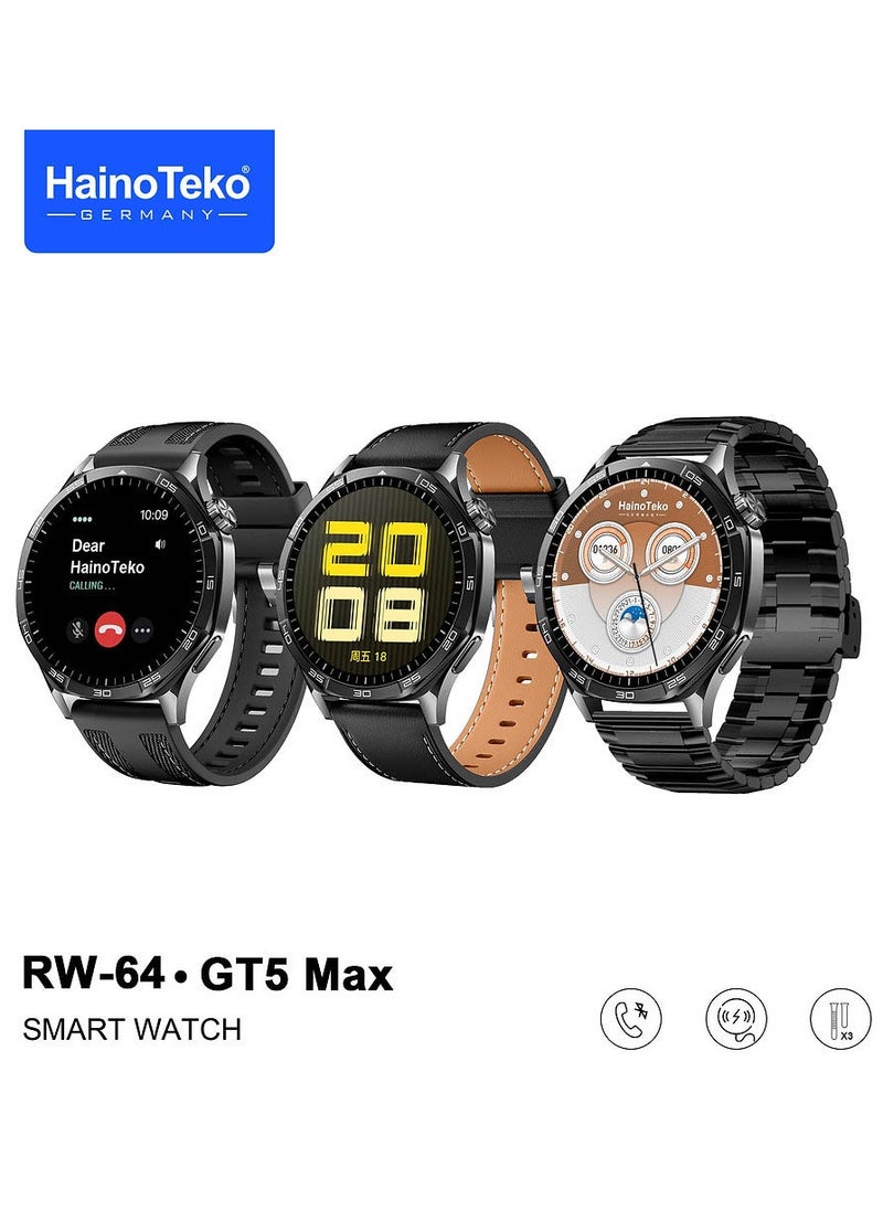 Haino Teko - Haino Teko RW-64 GT5 Max Smartwatch With Large Screen AMOLED Display Voice Assistant and 3 Pair Straps Designed For Men Black - Image 1