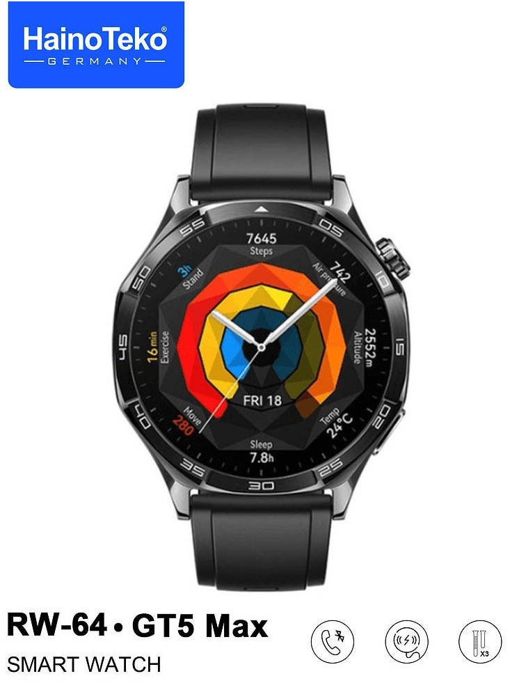 Haino Teko - Haino Teko RW-64 GT5 Max Smartwatch With Large Screen AMOLED Display Voice Assistant and 3 Pair Straps Designed For Men Black - Image 1