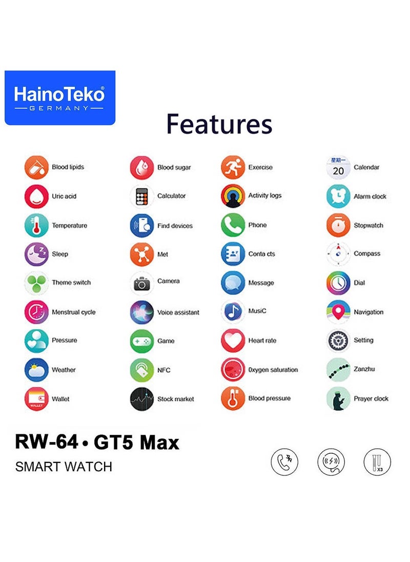 Haino Teko - Haino Teko RW-64 GT5 Max Smartwatch With Large Screen AMOLED Display Voice Assistant and 3 Pair Straps Designed For Men Black - Image 1