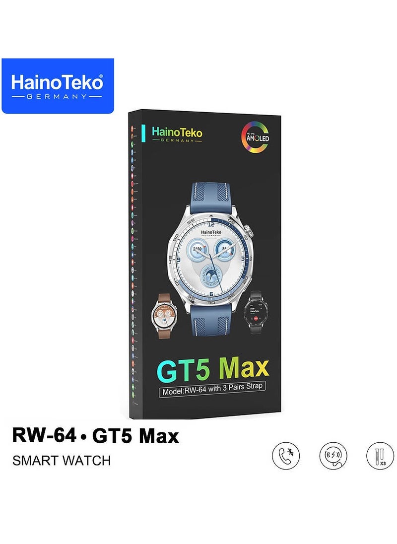 Haino Teko - Haino Teko RW-64 GT5 Max Smartwatch With Large Screen AMOLED Display Voice Assistant and 3 Pair Straps Designed For Men Black - Image 1