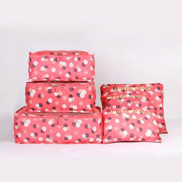 Korean-style Travel Storage Bag Clothes Household 6-piece Storage Bag Underwear Panties Pull Rod Storage Set 6-piece Set Watermelon red flowers
