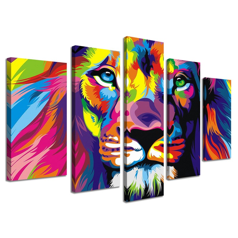 NAN Wind 5Pcs Colorful Animal Wall Art Lion Canvas Lion Painting Animal Oil Painting Pictures Art Print On Canvas Stretched and Framed Ready to Hang
