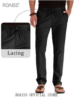 roaiss Men's Casual Solid Color Pants Loose Drawstring Waist Elastic Design Cotton Versatile Trousers  - Image 4