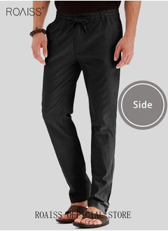 roaiss Men's Casual Solid Color Pants Loose Drawstring Waist Elastic Design Cotton Versatile Trousers  - Image 3