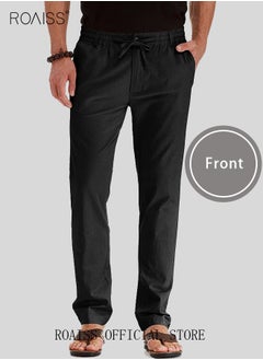 roaiss Men's Casual Solid Color Pants Loose Drawstring Waist Elastic Design Cotton Versatile Trousers  - Image 2