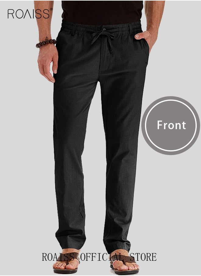 roaiss Men's Casual Solid Color Pants Loose Drawstring Waist Elastic Design Cotton Versatile Trousers  - Image 2