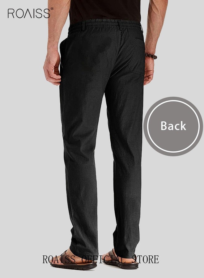 roaiss Men's Casual Solid Color Pants Cotton Versatile Business Trousers Mens Soft Comfortable Mid-Rise Straight Long Pants Loose Lace-Up Drawstring Waist Elastic Design Black - Image 4