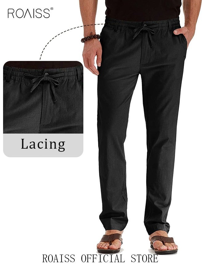roaiss Men's Casual Solid Color Pants Cotton Versatile Business Trousers Mens Soft Comfortable Mid-Rise Straight Long Pants Loose Lace-Up Drawstring Waist Elastic Design Black - Image 5