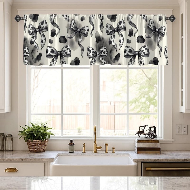 High precision lightweight material Bow Kitchen Curtains, Modern Chic Ribbon Flower N/a Black Short Valance Curtain Window Decoration for Dining Room Breakfast Nook Sink Area 18x52 Inch Standard fit - Image 4