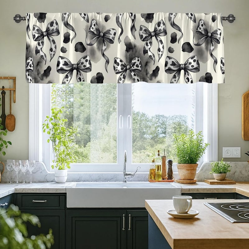 High precision lightweight material Bow Kitchen Curtains, Modern Chic Ribbon Flower N/a Black Short Valance Curtain Window Decoration for Dining Room Breakfast Nook Sink Area 18x52 Inch Standard fit - Image 2