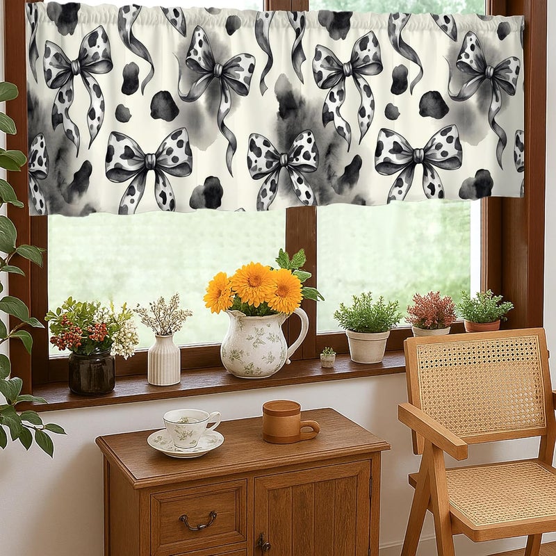 High precision lightweight material Bow Kitchen Curtains, Modern Chic Ribbon Flower N/a Black Short Valance Curtain Window Decoration for Dining Room Breakfast Nook Sink Area 18x52 Inch Standard fit - Image 1