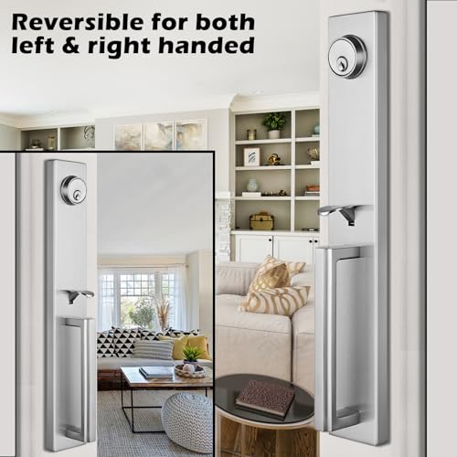 TMC Handleset with Modern Knob and Mode,Handleset for Exterior and Front Door with Deadbolt in Silver Satin Nickel Finish MDHST (KEYED HANDLESET, Brushed Nickel) - Image 3