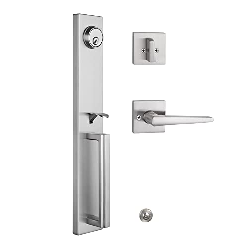 TMC Handleset with Modern Knob and Mode,Handleset for Exterior and Front Door with Deadbolt in Silver Satin Nickel Finish MDHST (KEYED HANDLESET, Brushed Nickel) - Image 1