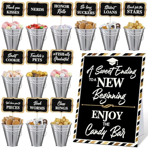 Jingmore 25 Pcs Graduation Candy Buffet Party Decoration Graduation Table Candy Bar Snack Labels Signs and 5 Buckets with Handle for Class of 2026 High School CollegePure StyleBalck and Sliver - Image 1