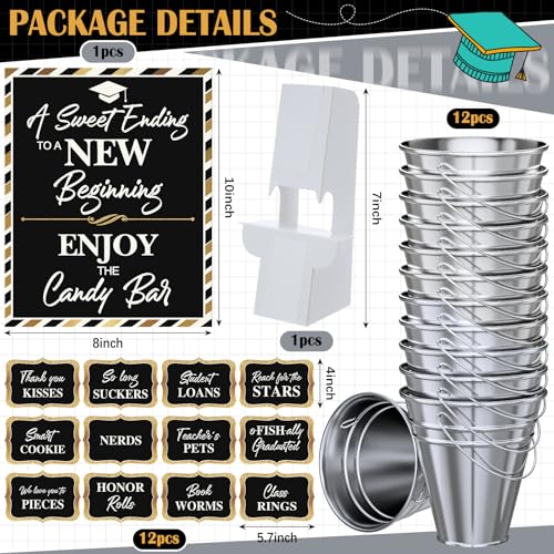 Jingmore 25 Pcs Graduation Candy Buffet Party Decoration Graduation Table Candy Bar Snack Labels Signs and 5 Buckets with Handle for Class of 2026 High School CollegePure StyleBalck and Sliver - Image 3