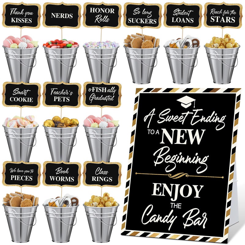 Jingmore 25 Pcs Graduation Candy Buffet Party Decoration Graduation Table Candy Bar Snack Labels Signs and 5 Buckets with Handle for Class of 2026 High School CollegePure StyleBalck and Sliver - Image 2