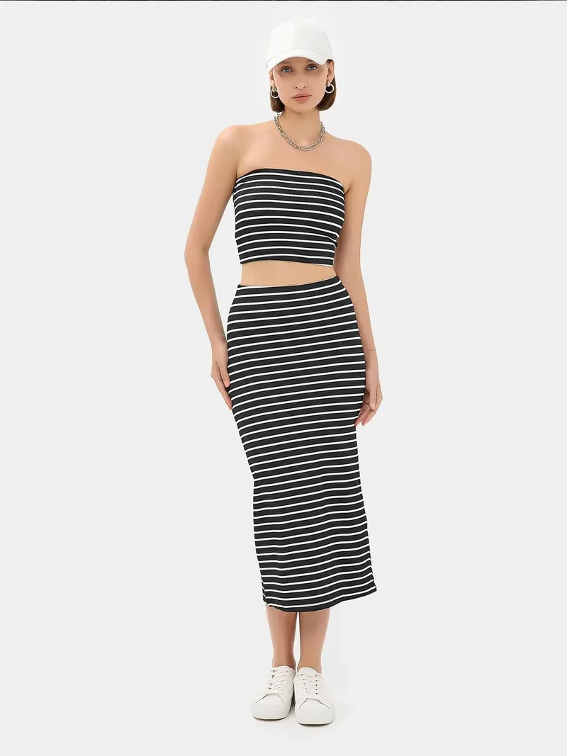 HICCUP 2 Pieces: Striped Strapless Crop top & Striped Mid Rise Midi Skirt