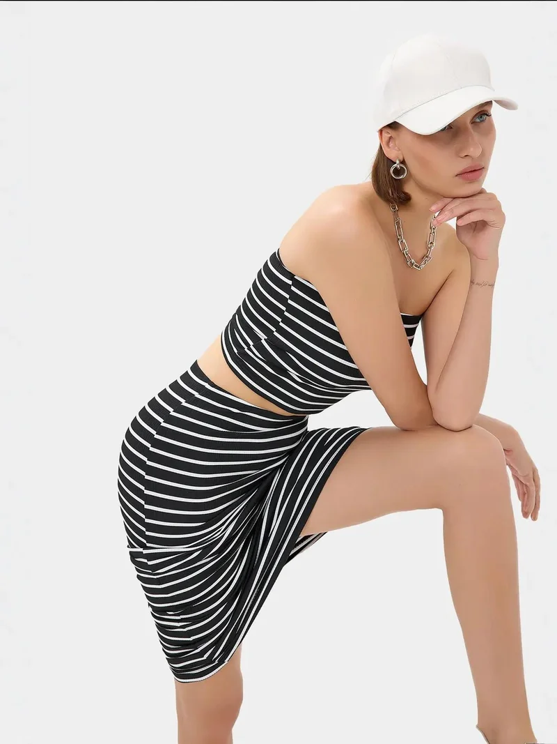 HICCUP 2 Pieces: Striped Strapless Crop top & Striped Mid Rise Midi Skirt