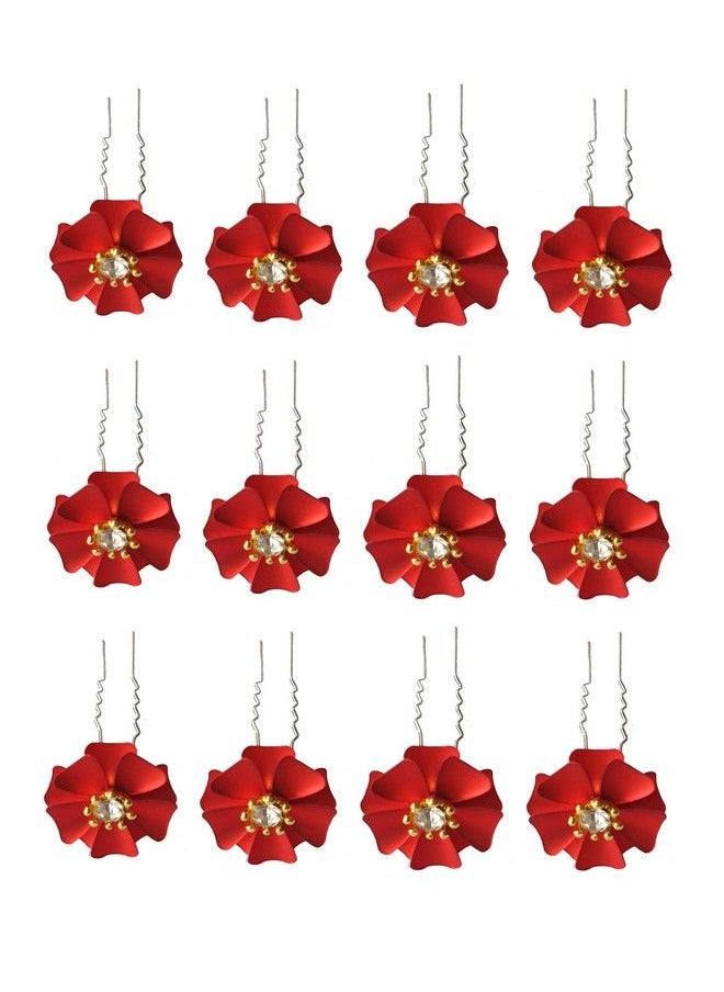 Foreign Holics - Metal Red Flower Hair Juda Pins Bun Accessories For Women 12 Pcs (Pack Of 1) - Image 1
