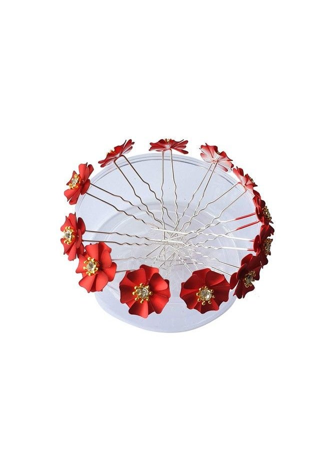 Foreign Holics - Metal Red Flower Hair Juda Pins Bun Accessories For Women 12 Pcs (Pack Of 1) - Image 1