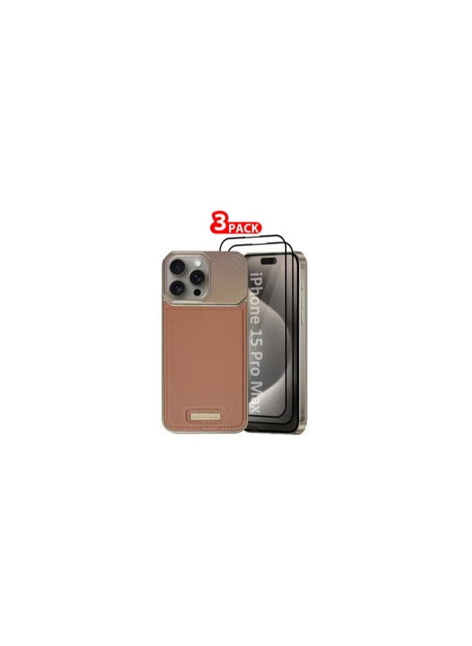 CATANES iPhone 15 Pro Max 3 Pack Case Leather Metal Design, Slim Lightweight Minimalist Cover,1 Case 2 Screen Protectors  - Image 1