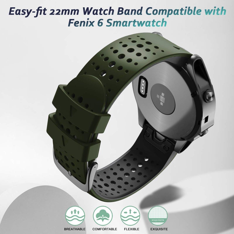 ANCOOL Compatible with Fenix 5/Fenix 6/Fenix 7 Watch Band 22mm Easy-fit Silicone Soft Sport Band Replacment for Fenix 7/6 Pro/Fenix 5 Plus/Fenix 8 47mm/Forerunner 955/965 Smartwatches (Olive Green/Black) - Image 3
