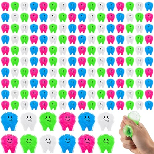 Silipull 100 Pcs Mini Tooth Toys Fidget Stress Relief Puffer Squeezy Dental Dentist Toys Birthday Party Gifts School Office Prizes 2 Inch Multicolored - Image 1