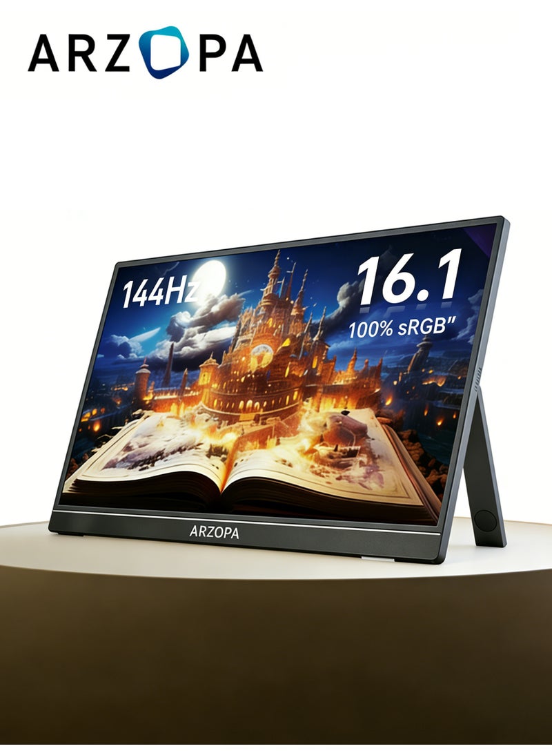 ARZOPA 16.1'' 144Hz Portable Gaming Monitor,100% sRGB 1080P FHD Kickstand Portable Monitor with HDR, Ultra Slim, Eye Care, External Second Screen for Laptop, PC, PS5, Mac, Xbox - Image 1