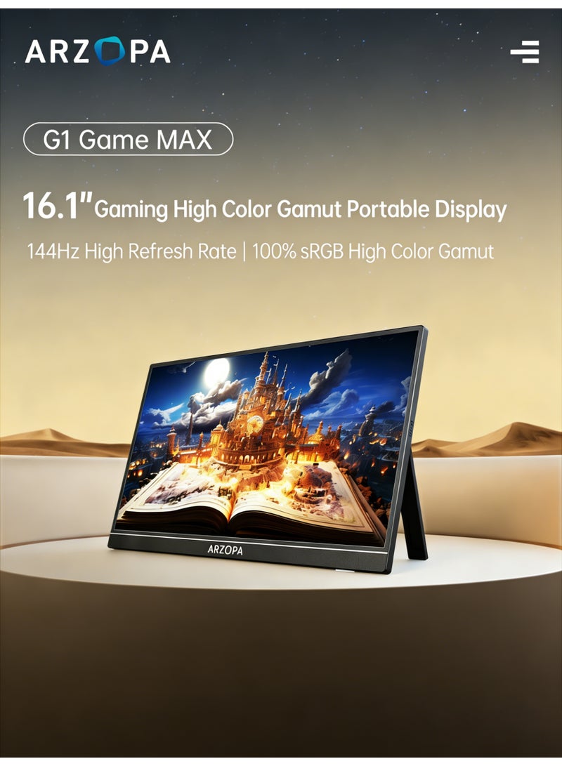 ARZOPA 16.1'' 144Hz Portable Gaming Monitor,100% sRGB 1080P FHD Kickstand Portable Monitor with HDR, Ultra Slim, Eye Care, External Second Screen for Laptop, PC, PS5, Mac, Xbox - Image 4