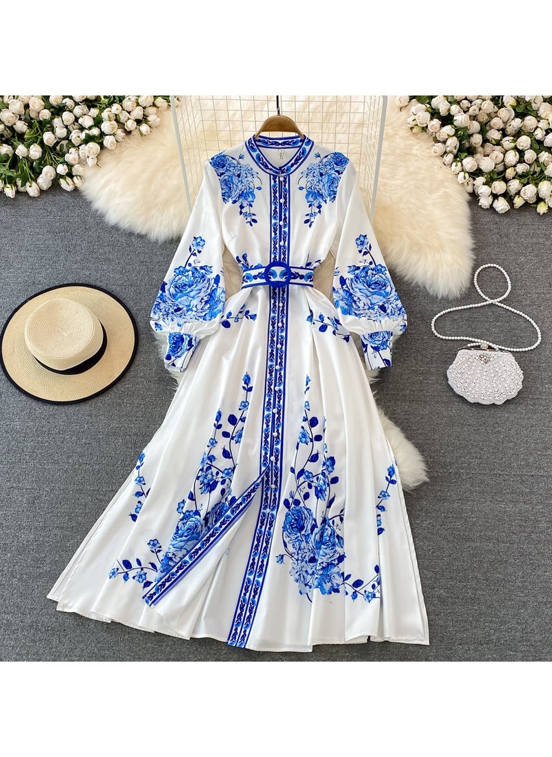 KUYING New Palace style Blue and White Porcelain Printed Stand up Collar Single breasted Dress  - Image 1