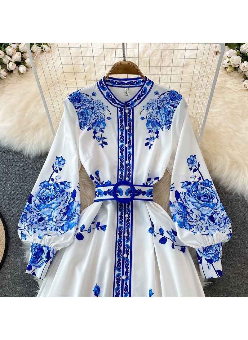 KUYING New Palace style Blue and White Porcelain Printed Stand up Collar Single breasted Dress  - Image 3