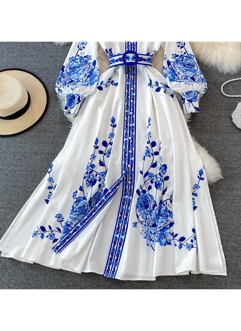KUYING New Palace style Blue and White Porcelain Printed Stand up Collar Single breasted Dress  - Image 4