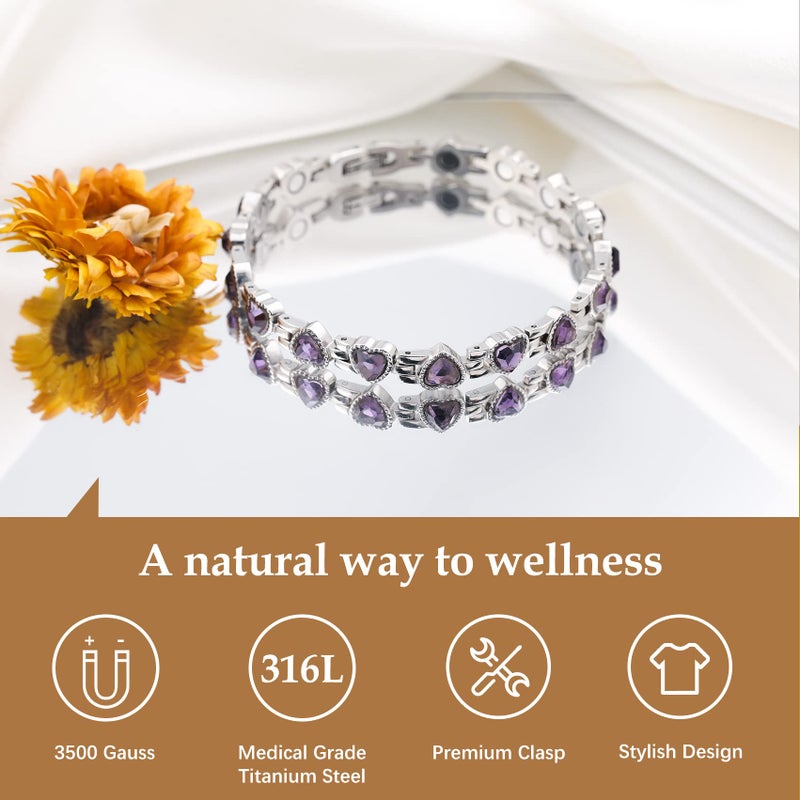 Feraco Magnetic Bracelet for Women Titanium Steel Magnetic Bracelet with Neodymium Magnets & Sparkling Crystals, Christmas Jewelry Gifts (Purple) - Image 3