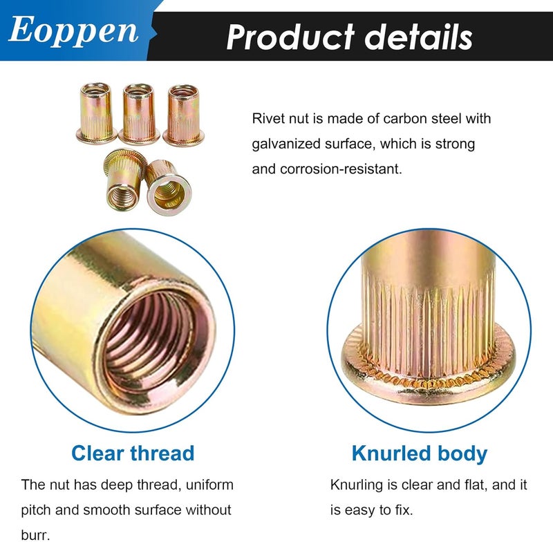 Eoppen 30Pcs 5/16-18 Rivet Nuts with Hand Rivet Nut Tool, Carbon Steel Flat Head Threaded Insert Nut Kit for Furniture, Automotive, Marine and Decoration - Image 3