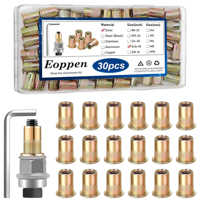 Eoppen 30Pcs 5/16-18 Rivet Nuts with Hand Rivet Nut Tool, Carbon Steel Flat Head Threaded Insert Nut Kit for Furniture, Automotive, Marine and Decoration - Image 1