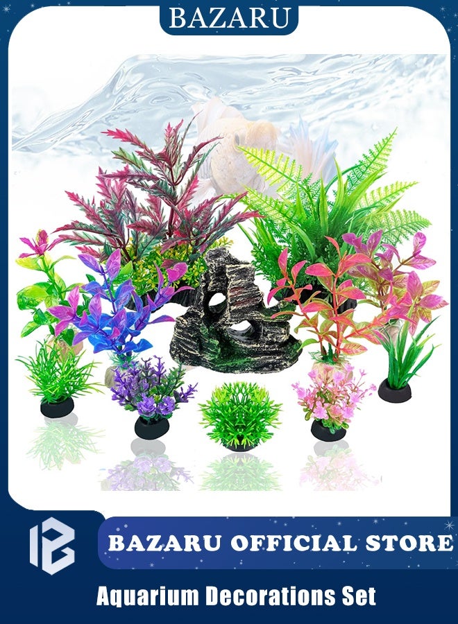 بازار مجموعة ديكورات أحواض السمك - نباتات صناعية وحجر كهف من الراتنج لأحواض المياه العذبة/المالحة، ملحقات غير سامة لأحواض الأسماك مع قاعدة ثابتة ومخابئ طبيعية (مجموعة من 12 قطعة) - Image 1