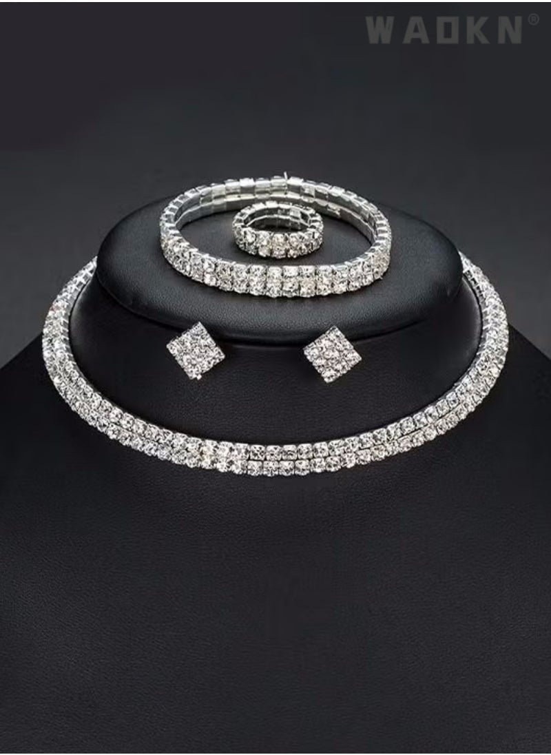WAOKN - 4 Pcs Rhinestone Choker Bracelet Ring Earrings Studs Set Double Row Round Diamond Collar Necklace Bridal Evening Dress Accessories for Women Bracelet Stretch Ring Bridal Party Jewelry Silver/Clear - Image 1
