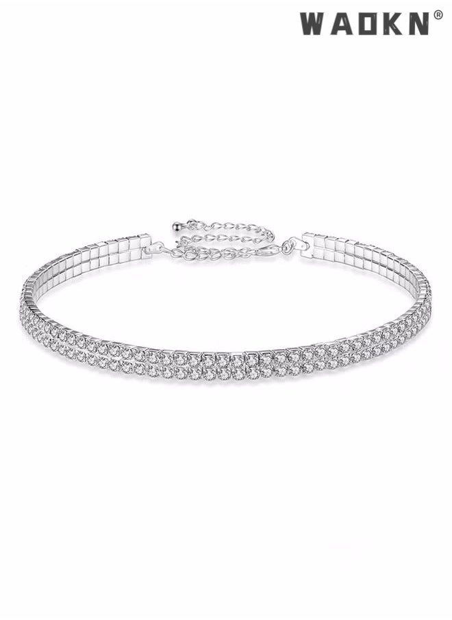 WAOKN - 4 Pcs Rhinestone Choker Bracelet Ring Earrings Studs Set Double Row Round Diamond Collar Necklace Bridal Evening Dress Accessories for Women Bracelet Stretch Ring Bridal Party Jewelry Silver/Clear - Image 1