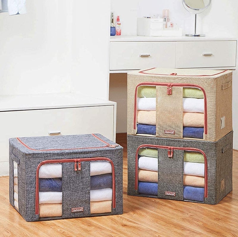 ZOKIXTO Clothes Storage Bins Foldable Closet Organizer Storage Containers with Durable Handles Thick Fabric for Clothing Blankets Comforters Bedding and Toys 24L Packe Of 2 Plan Beige - Image 3