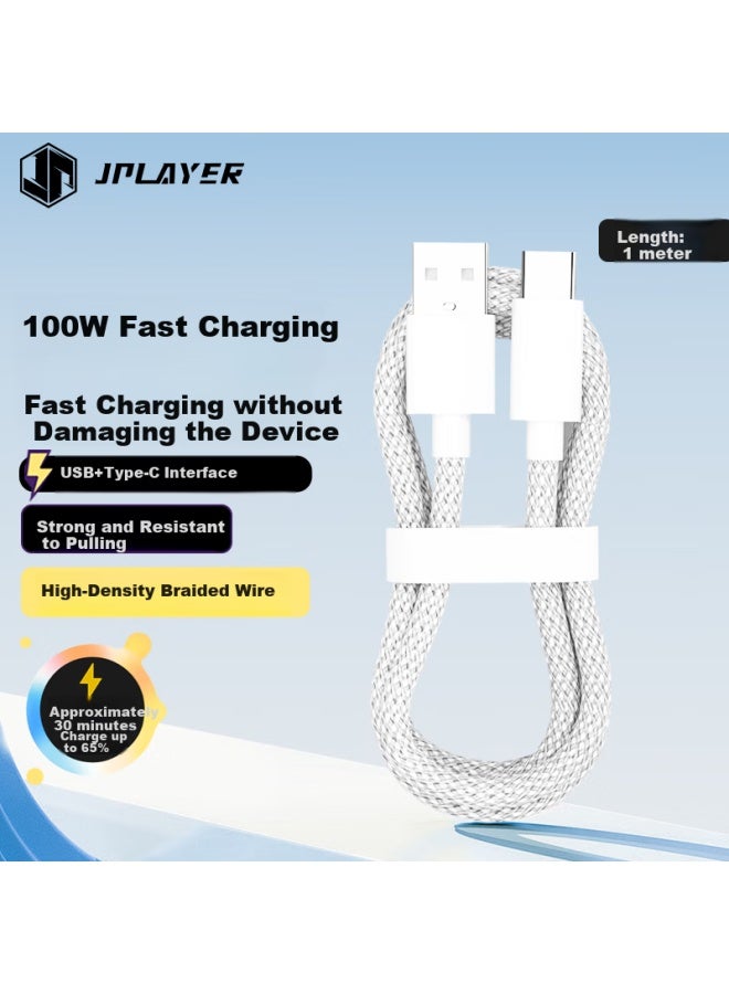 Type-c Usb Fast Charging Data Cable 3a Phone Charger Cable Braided 100w Pd27w For Huawei/xiaomi/vivo/samsung/oppo White 1m