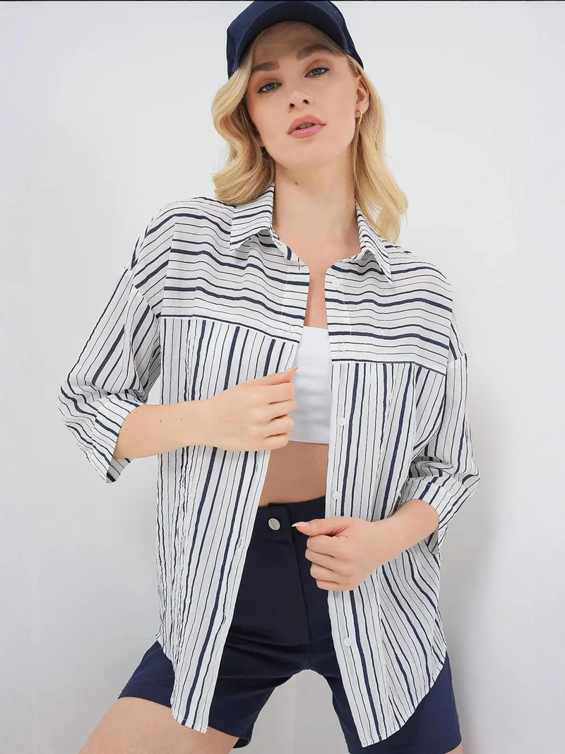 BIG DART BDART Lined Striped Poplin Shirt with Three Quarter Sleeves