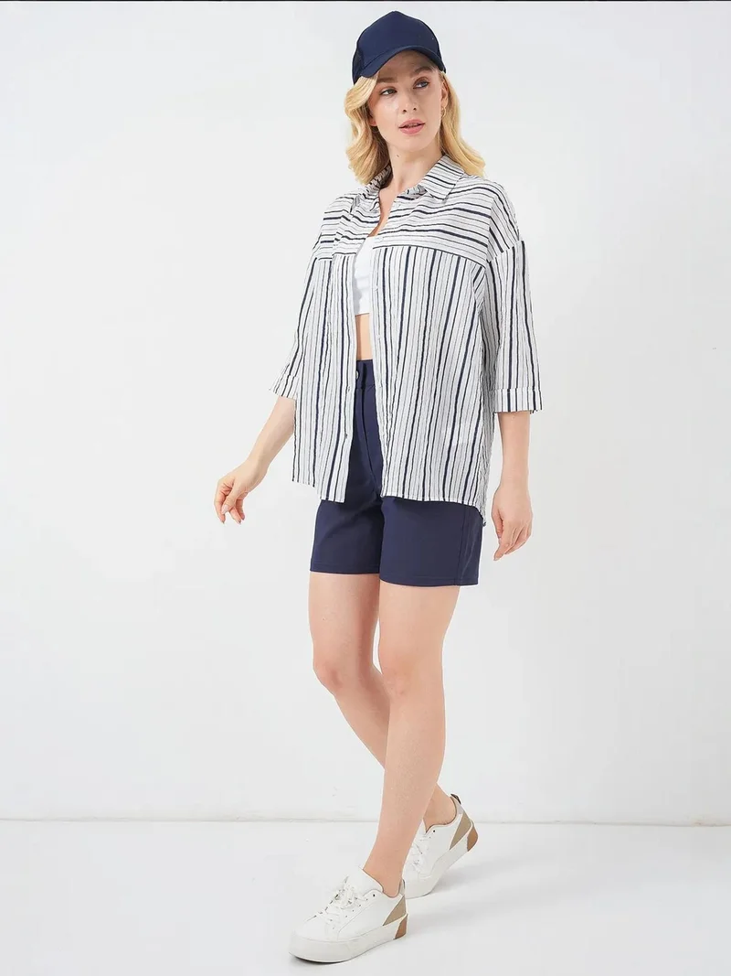 BIG DART BDART Lined Striped Poplin Shirt with Three Quarter Sleeves