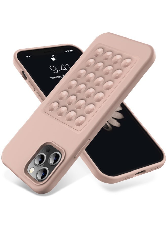 جراب هاتف من السيليكون الناعم مع قاعدة شفط وحامل حماية كاملة ومضاد للصدمات لهاتف iPhone 14 Pro Max (وردي رملي)