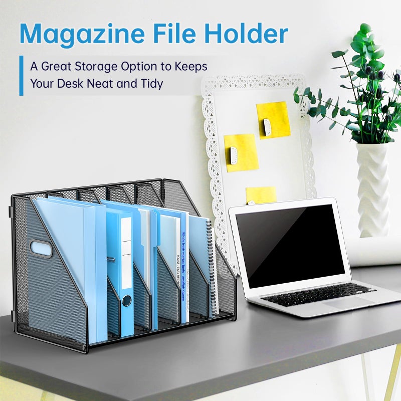 MINDEPOT Desk File Organizer Metal Desk Magazine Folder Holder with 5 Vertical Compartments Rack File Organizer for Office, Home, School, Black - Image 2