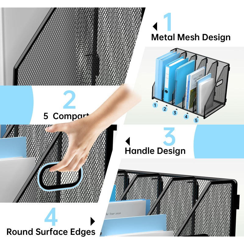 MINDEPOT Desk File Organizer Metal Desk Magazine Folder Holder with 5 Vertical Compartments Rack File Organizer for Office, Home, School, Black - Image 5